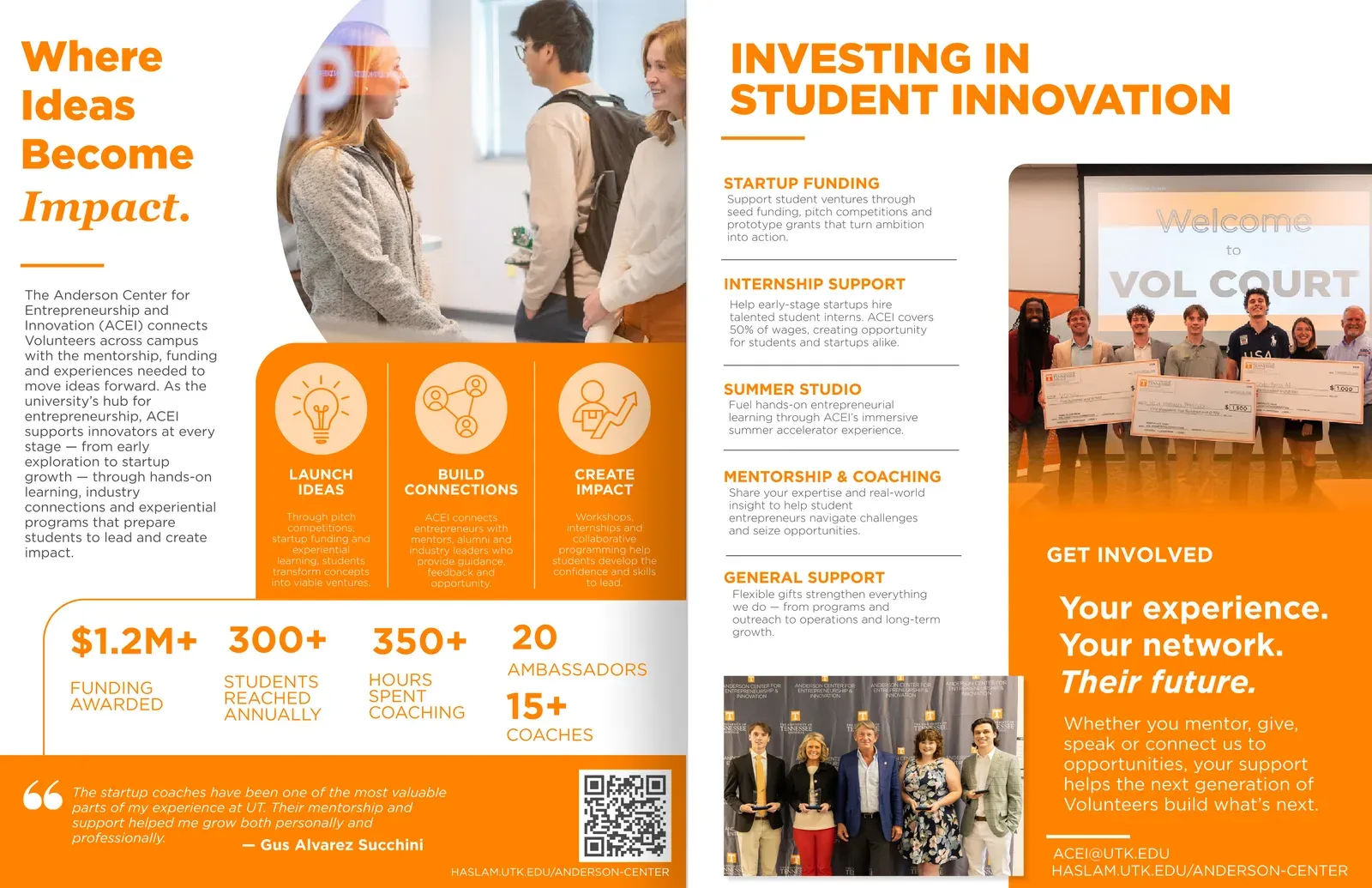 Two-page spread for the Anderson Center for Entrepreneurship and Innovation showing program metrics