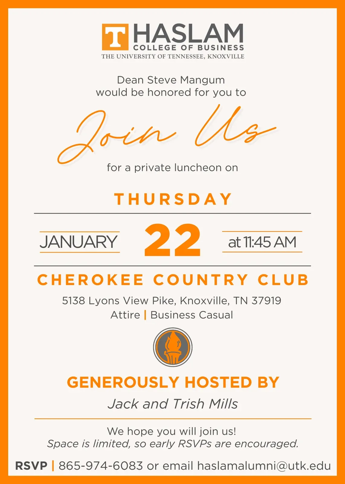 Formal luncheon invitation from Dean Steve Mangum at Cherokee Country Club