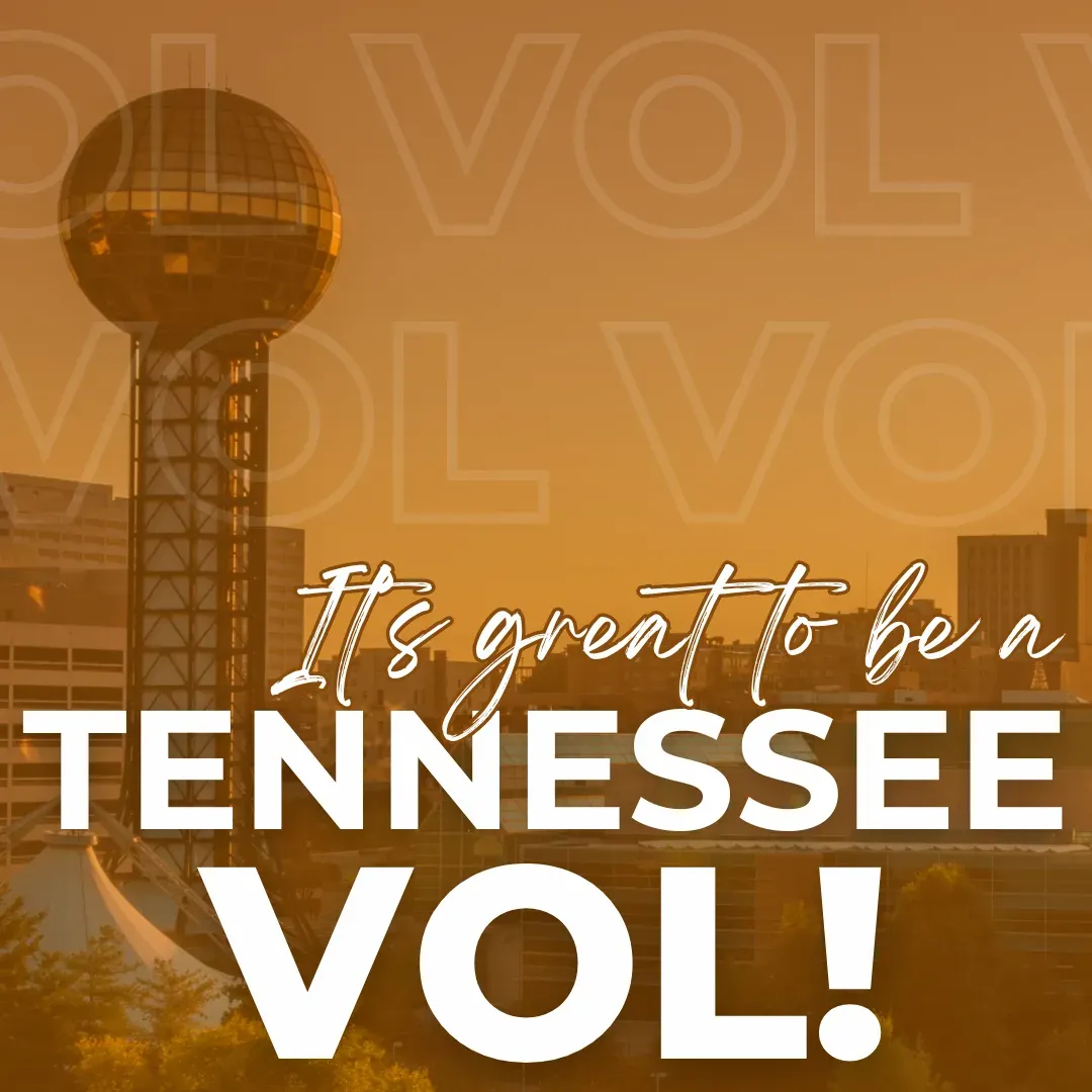 "It's great to be a Tennessee Vol" social graphic over the Knoxville skyline