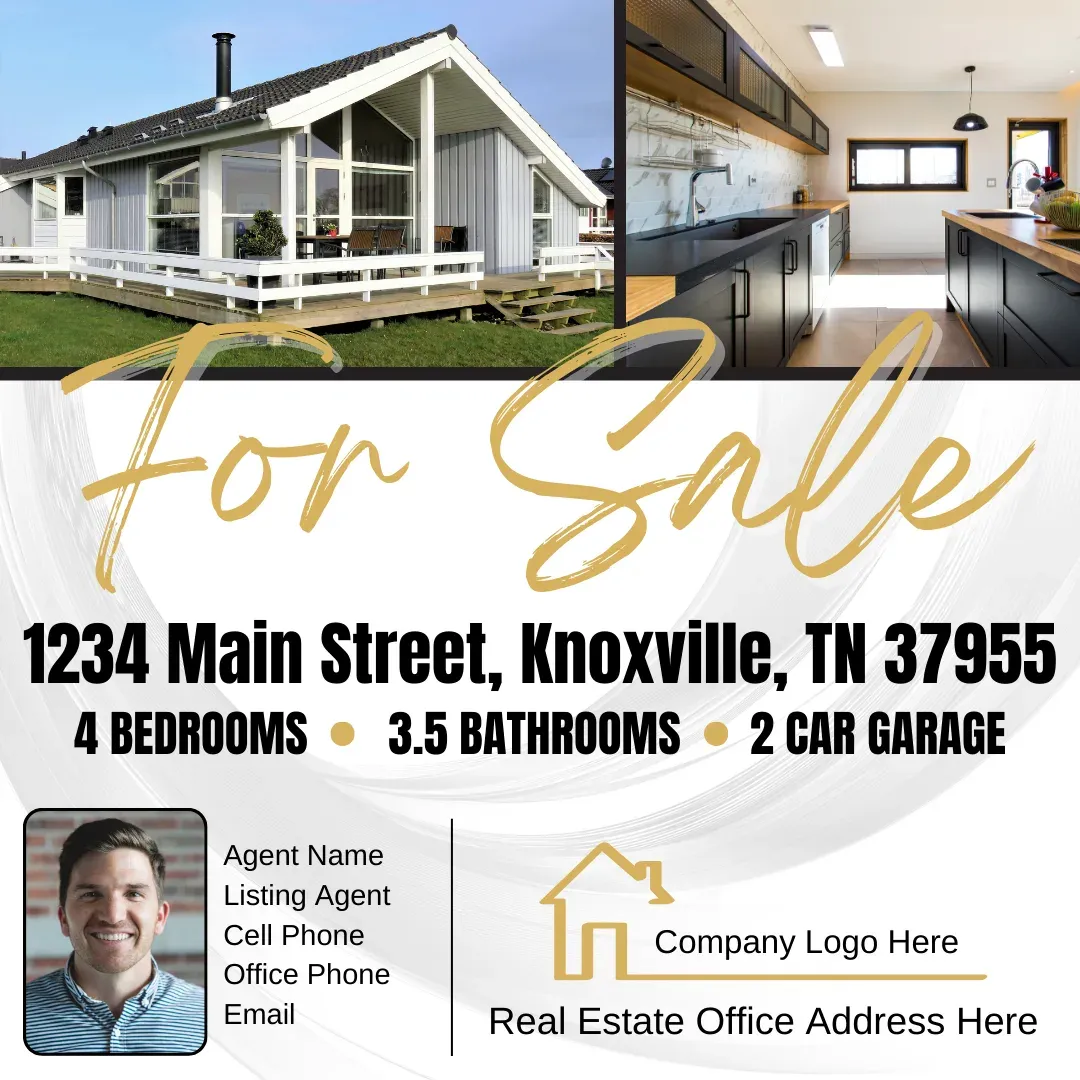 "For Sale" listing template with agent and property details